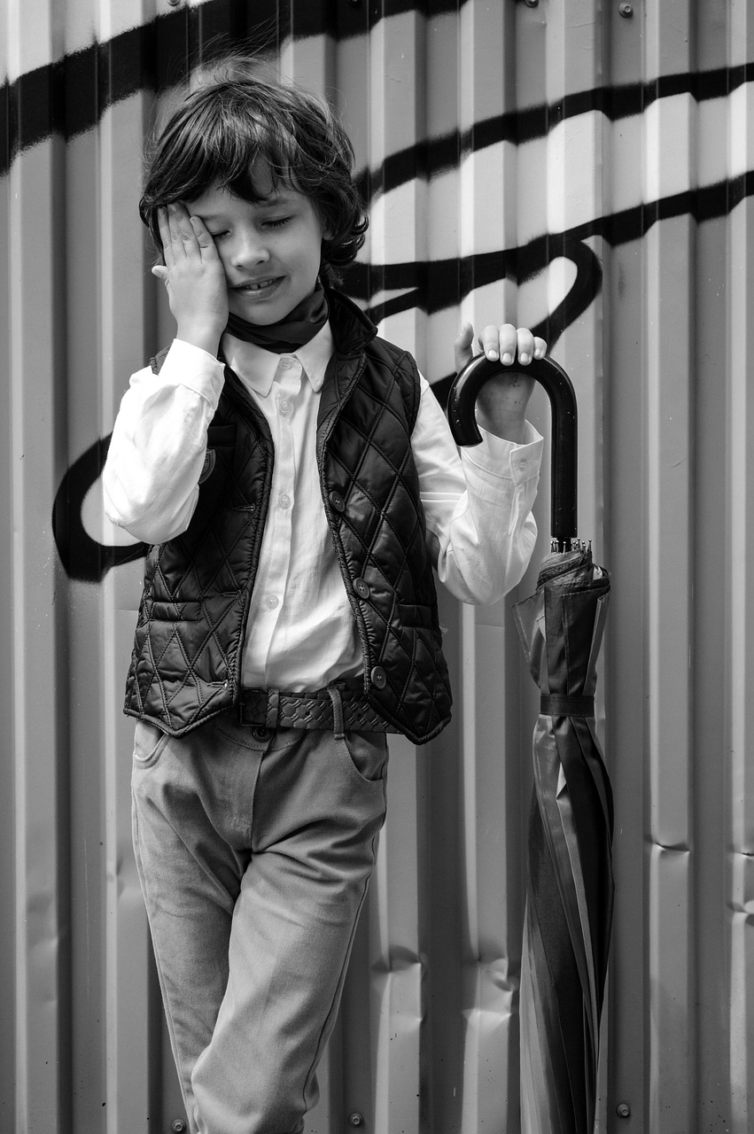 boy, model, portrait, clothing, style, fashion, children's fashion, modeling, pose, posing, umbrella, monochrome, black and white