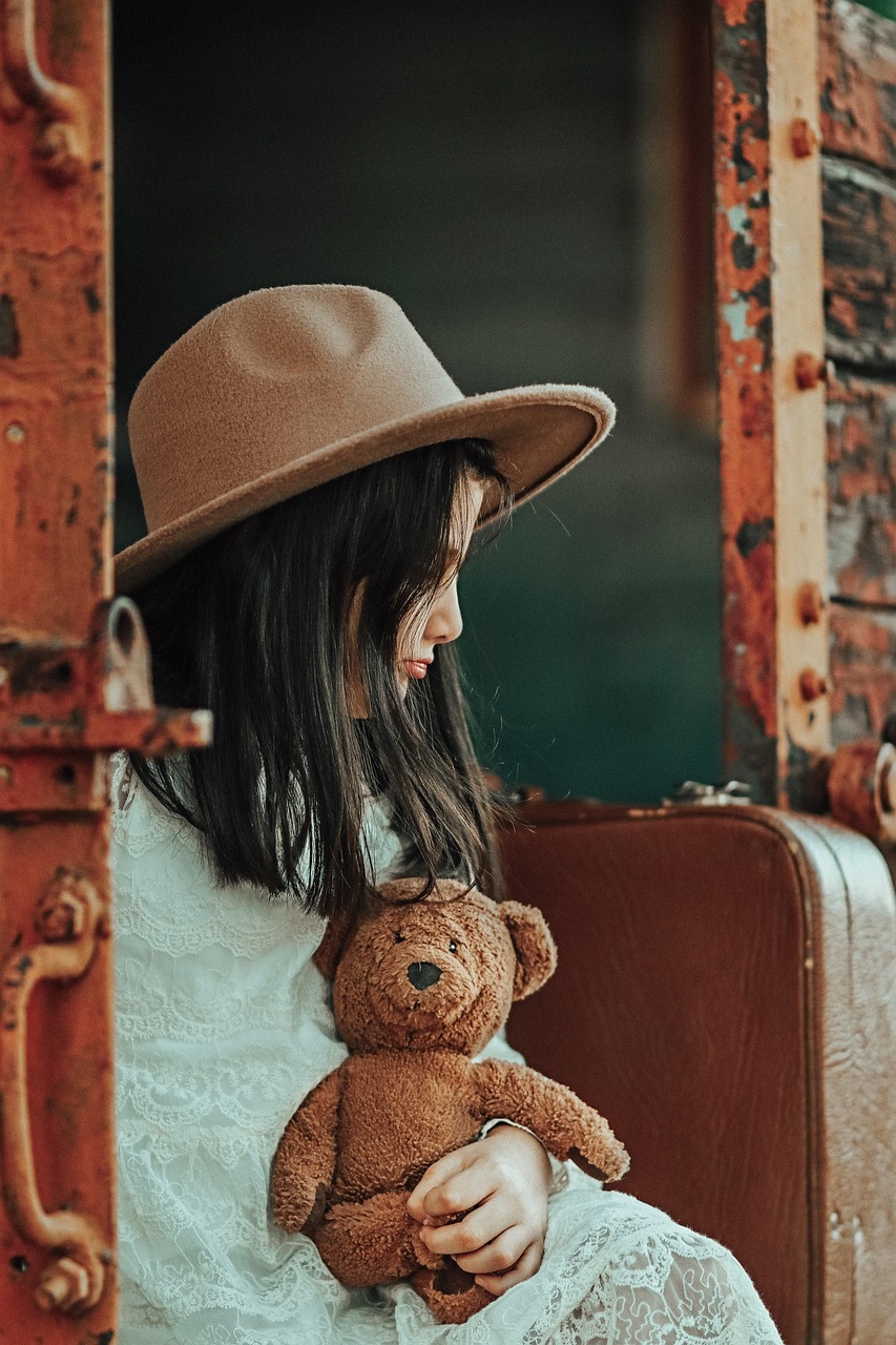 little girl, model, portrait, luggage, plush toy, teddy bear, stuffed toy, hat, dress, children's fashion, children's clothing, style, travel, child, modeling, trip